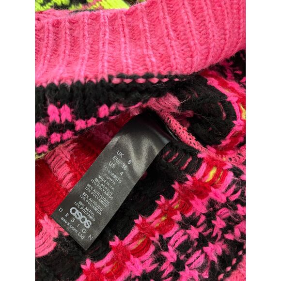 ASOS DESIGN High Neck Sweater Multi Geo Pattern Size 4 Bright Neon - Picture 4 of 9